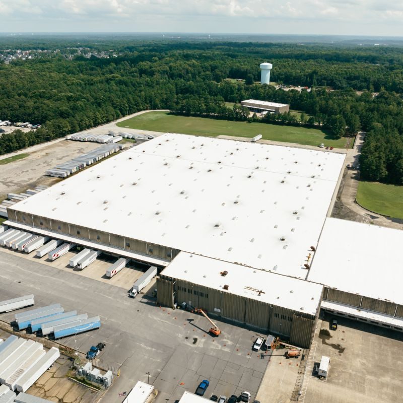 Aerial of an industrial warehouse roof, commercial roofing St Louis project