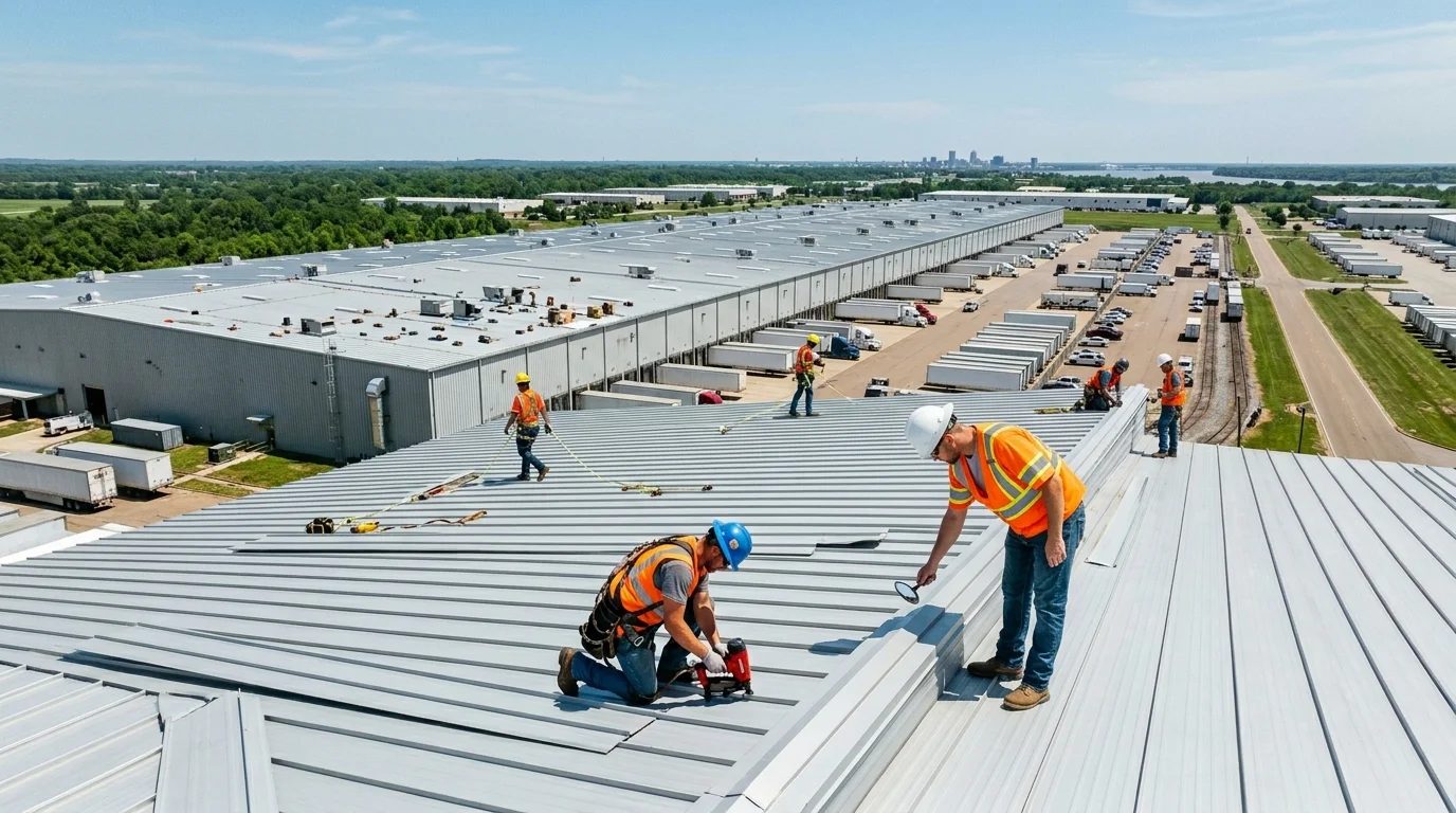 Metal roof installation on a warehouse by a commercial roofing St Louis crew