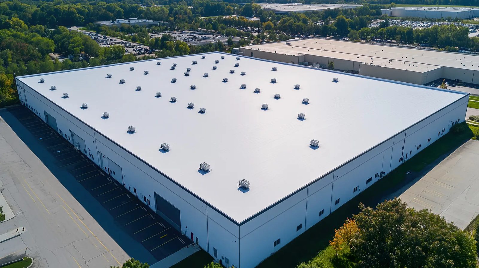 Wide aerial of a warehouse roof for commercial roofing St Louis replacement